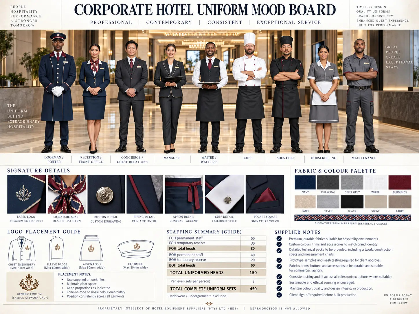 Corporate hotel hospitality uniform mood board