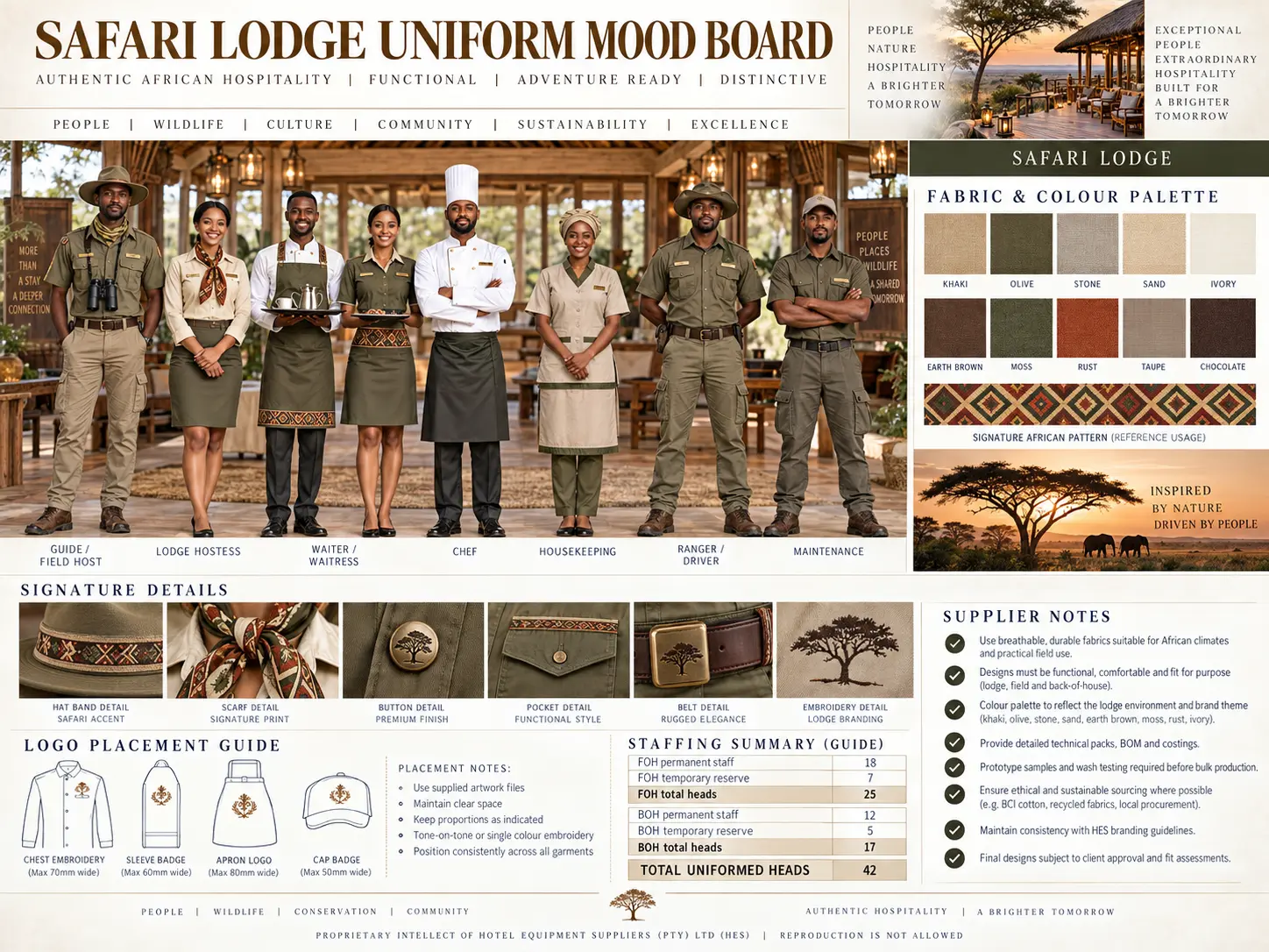 Safari lodge hospitality uniform mood board